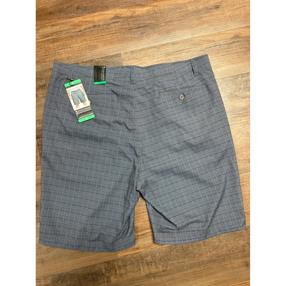 Pebble Beach Mens Dry-Luxe Performance Golf Shorts Grey Blue Grid Size 38 NWT